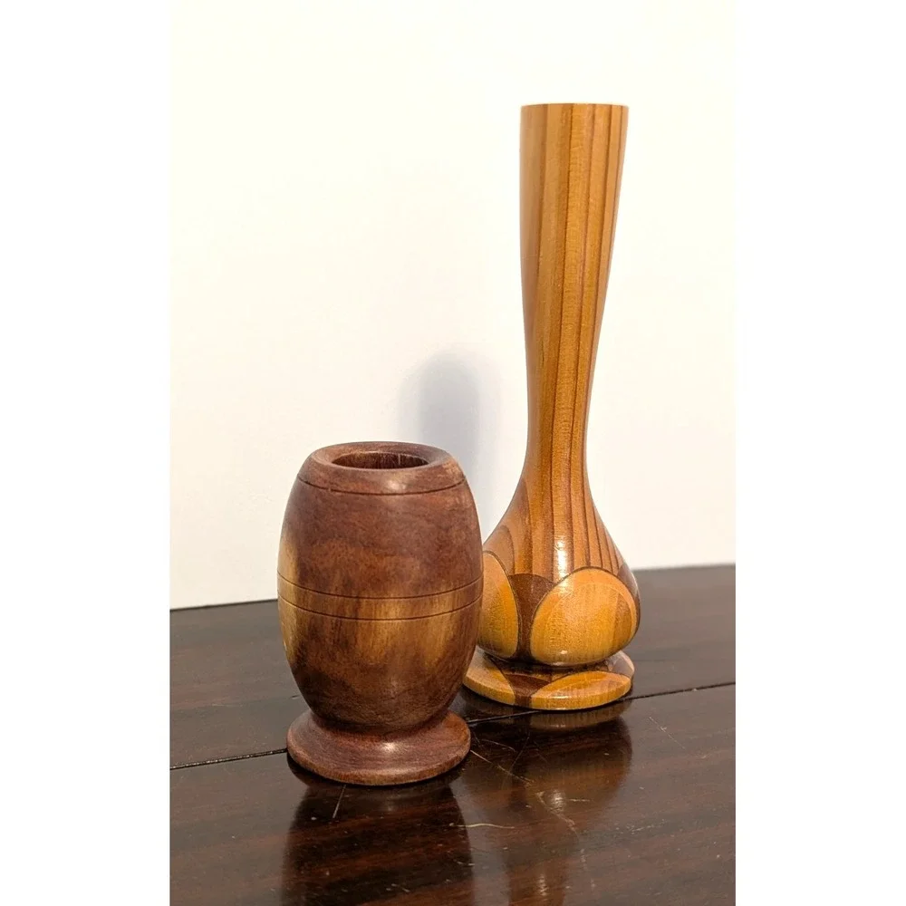 Vintage Hand Turned Wood Bud Vases MCM Inlaid Geometric Small Wood Vase 2pc
